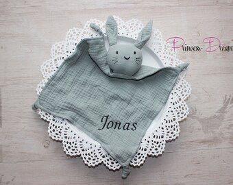 Baby Schnuffelhase Jungen mit Namen, Schnuffeltuch personalisiert, Geschenk zur Taufe oder Geburt, Schmusetuch Hase mit Namen personalisiert