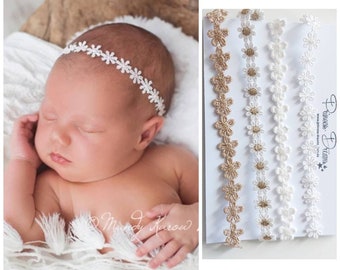 4er Set Newborn Shooting Stirnband Baby Haarband Taufe Babyfotografie Requisiten Kopfband kleine Blumen Haarband off white gold glitzer weiß