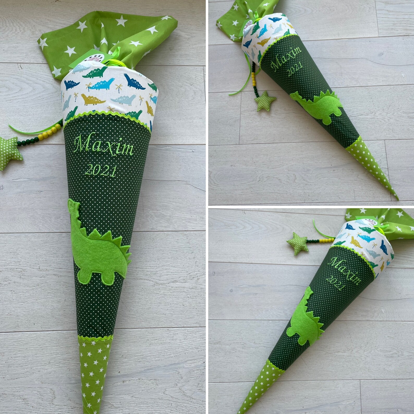 Personalisiert Schultüte Mit Namen – Dinosaurier Design Aus Stoff, Inkl. Kissen – Grün