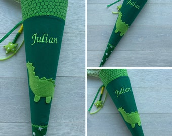 School cone with dinosaur and name