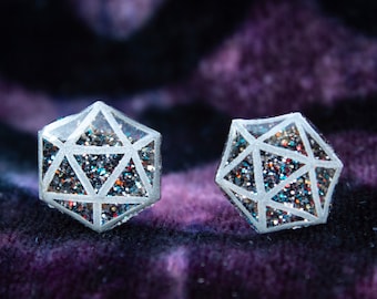 Sparkly Galaxy Mix d20 Stud Earrings