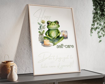 Personalizable picture Hoppy Selfcare Poster with frame Cute frog in cottagecore style as a poster with frame