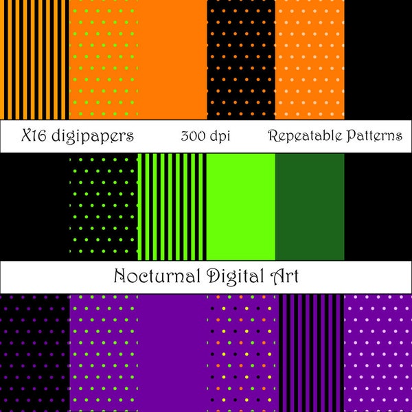 Halloween Digital Paper Set of 16 Digital Download 12x12, 300 dpi files, Stripes and Poka-Dots, Seamless