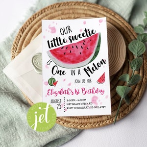 One In A Melon Birthday Invitation, Editable Invitation, Birthday Invite, First Birthday, Watermelon Invite, Kid Invite, Child Birthday