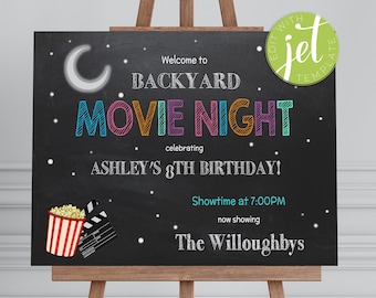May include: Black chalkboard sign with white chalk writing announcing a backyard movie night celebrating Ashley's 8th birthday. The sign includes a crescent moon, stars, popcorn, and a film clapboard. The sign also includes the text "Showtime at 7:00PM" and "The Willoughbys".