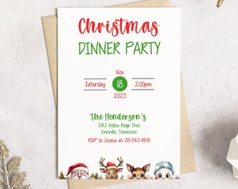 May include: A Christmas dinner party invitation with a green and red color scheme. The invitation features a date of Saturday, November 18th, 2023 at 2:00pm. The invitation also includes the address of the party, 2142 Hollow Ridge Drive, Knoxville, Tennessee, and the RSVP information, Jessica at 210-543-9878. The invitation features a cartoon image of Santa Claus, a reindeer, and an elf peeking over the bottom of the invitation.
