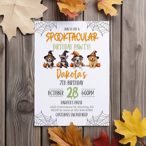 Editable Spooktacular Halloween Birthday Invitation Puppy Dog Birthday Pawty Halloween Invite PERSONALIZABLE INSTANT DOWNLOAD