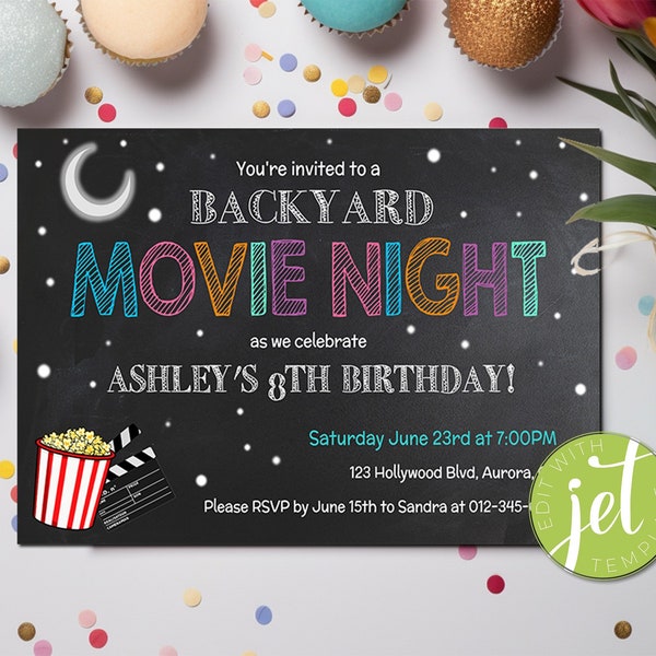 Editable Backyard Movie Night Birthday Invitation Backyard Birthday Party Popcorn Birthday Digital Template INSTANT DOWNLOAD
