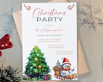 May include: Christmas party invitation with a green Christmas tree, presents, and a snowman riding a sleigh. The invitation includes the text "Christmas Party", "the Montgomery home", "December 16th, 2023 at 6:00pm", "Hosted by Jeff & Lilian Montgomery", "234 Mockingbird Lane, Huntsville, AL", "RSVP by December 11th to Lillian at 987-664-3210", and "Please bring a wrapped gift for Dirty Santa under $25".