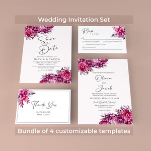 Editable Magenta Floral Wedding Invitation Bundle Pink Floral Wedding RSVP Thank You Save the Date Card INSTANT DOWNLOAD