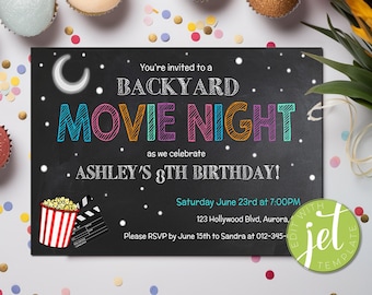 May include: A black chalkboard style invitation for a backyard movie night party to celebrate Ashley's 8th birthday. The invitation includes a crescent moon, stars, a bucket of popcorn, and a movie clapper. The text reads "You're invited to a Backyard Movie Night as we celebrate Ashley's 8th Birthday! Saturday June 23rd at 7:00PM 123 Hollywood Blvd, Aurora. Please RSVP by June 15th to Sandra at 012-345- EDIT WITH JET TEMPLATE"