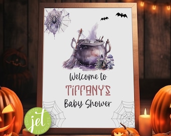 Baby is Brewing Halloween Baby Shower Witamy Znak Fioletowy Płeć neutralna Baby is Brewing Wiedźma Baby Shower Szablon Cyfrowy NATYCHMIASTOWE POBIERANIE