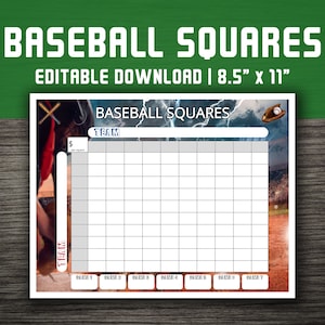 Może przedstawiać: Drukowana plansza do gry w baseball squares z napisem "BASEBALL SQUARES". Plansza ma wymiary 21,6 cm x 27,9 cm i zawiera miejsca na drużyny i numery gier. Widoczny jest również tekst "EDITABLE DOWNLOAD".