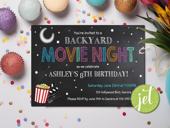 Editable Backyard Movie Night Birthday Invitation Backyard Birthday Party Popcorn Birthday Digital Template INSTANT DOWNLOAD