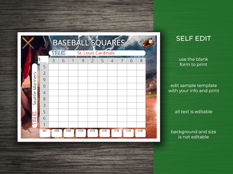 Printable Baseball Squares Softball Fundraiser Betting Square Grid