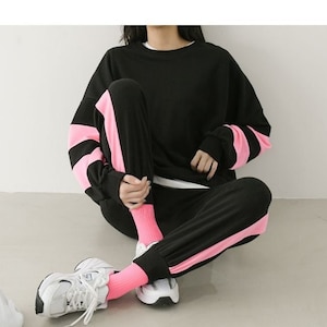2 COLORS / Funky 2pc-Set Cotton Loungewear Contrasting Neon Pink Long Sleeve Casual Wear Top Bottom Pajama Set / CRAYOLA
