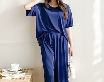 3 COLORS / 2pc Set Loungewear Blue Green Beige Wrinkle Free Short Sleeve Casual Wear Top Bottom Pajama Set / SUMMER