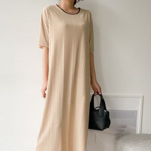 Beige Loungewear Wrinkle-Free Loose Loungewear Short Sleeve Pajama Dress / Small to Large Size