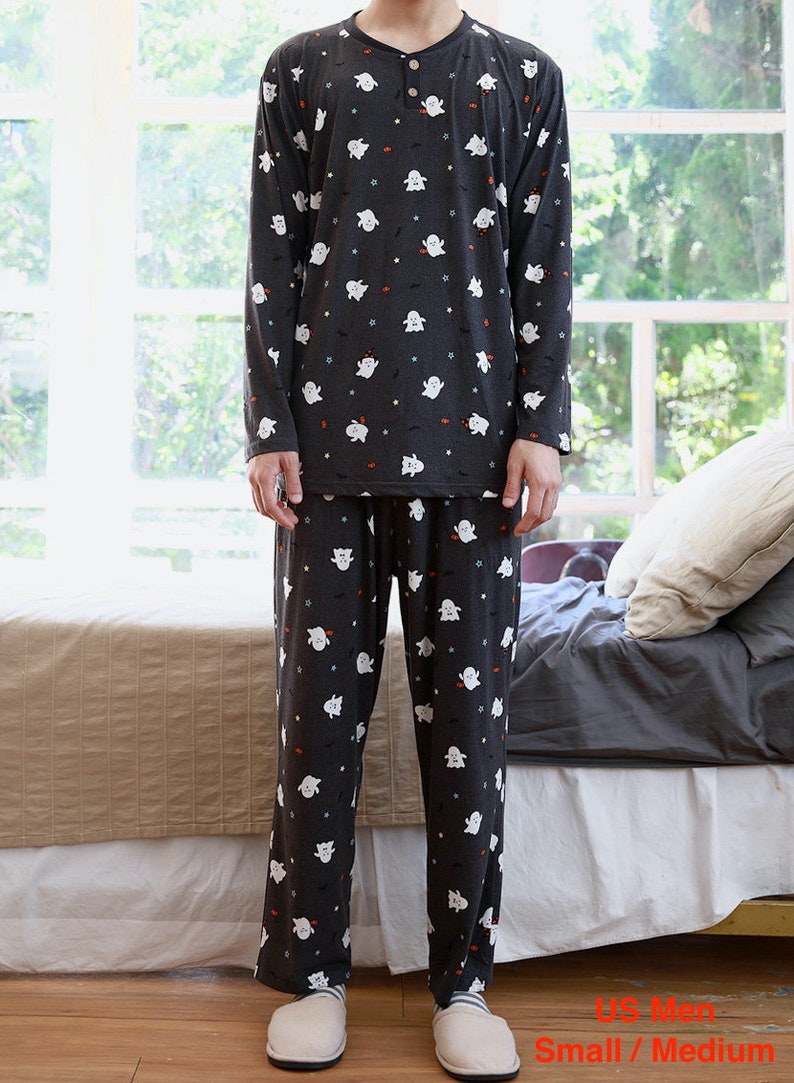 Two Piece Cute Print Gray Black Pajama Set Top and Bottom One Size for Men and Women