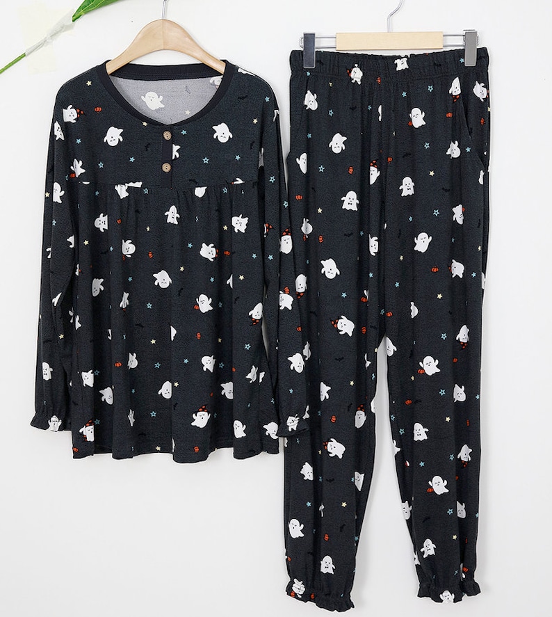 Two Piece Cute Print Gray Black Pajama Set Top and Bottom One Size for Men and Women