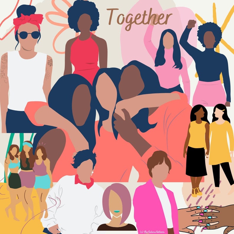 May include: A digital illustration titled Together featuring a collage of diverse figures in various poses and colorful clothing. The artwork includes groups of people, individuals with raised fists, and close-up hands with painted nails on a light background.