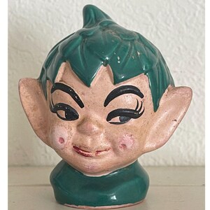 Vintage Elf Head Shaker 1950s Ceramic Hand Painted Pixie Figurine 4" Mid Century