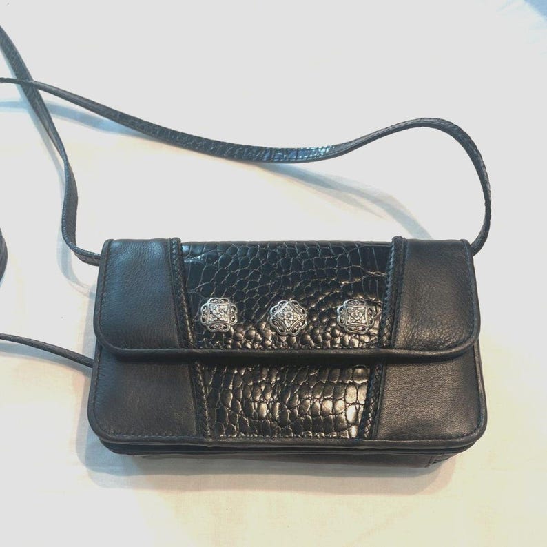 Vintage Brighton Black & Medallion Croc Leather Wallet Shoulder Crossbody Bag image 1