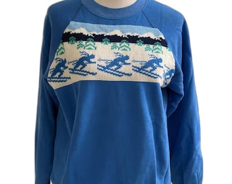 Vintage 80s Snow Ski Mountain, Nature Blue Sweatshirt, Sweater Crewneck Size L
