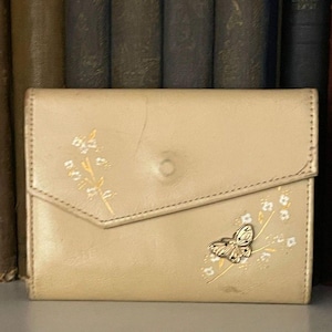 Cartera vintage ROLFS de cuero con diseño floral de mariposas de los años 70, plegable, para tarjetas de identificación y crédito, delgada