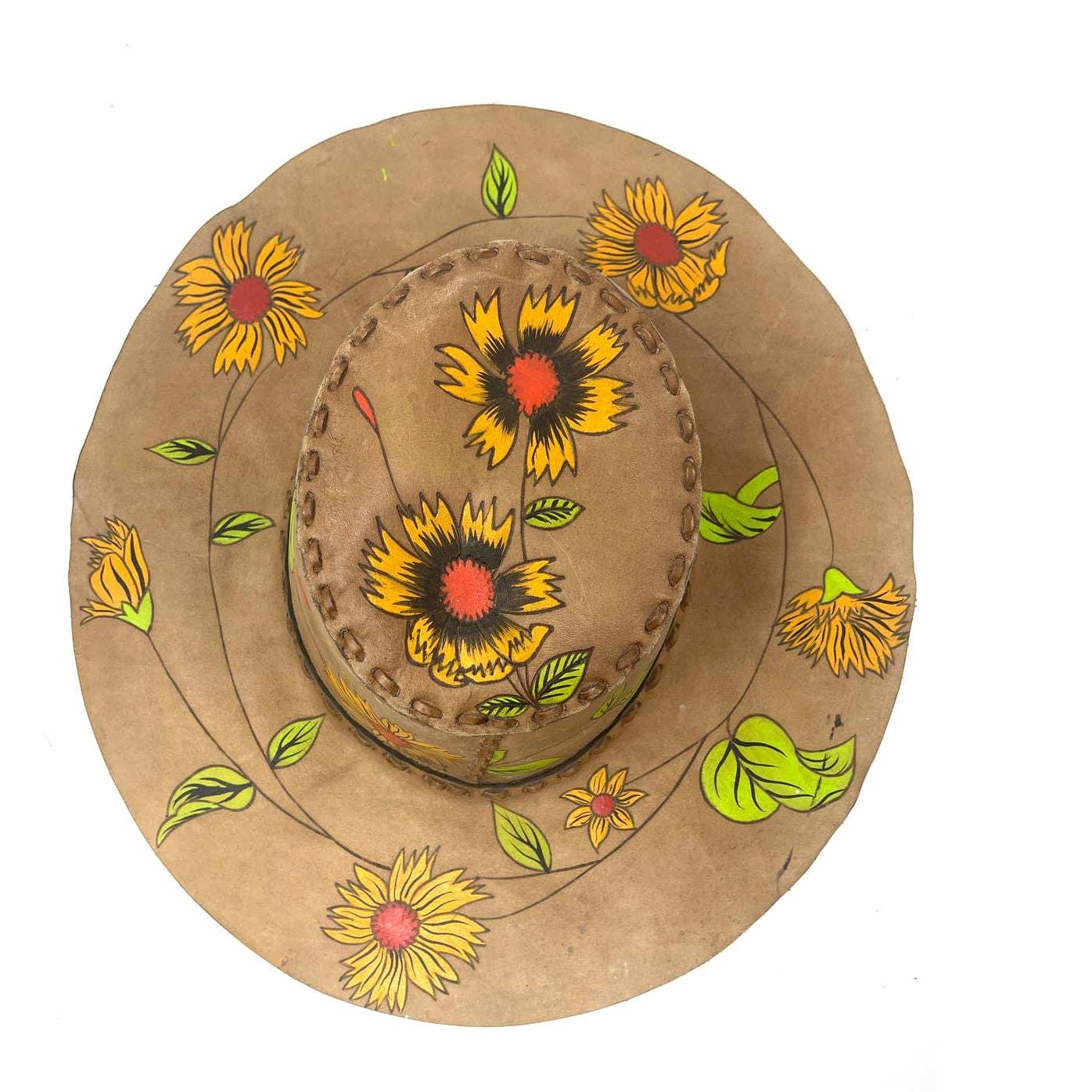 Vintage Hand-painted Sunflower Leather Hat: Wide Brim Boho  display picture 3