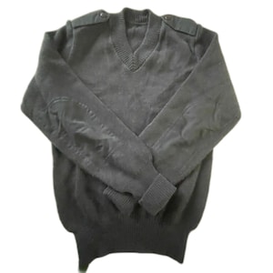 May include: A dark gray V-neck sweater with elbow patches and shoulder epaulettes. The sweater has ribbed cuffs and a ribbed hem. The fabric appears to be a soft knit material. The sweater is a classic style.