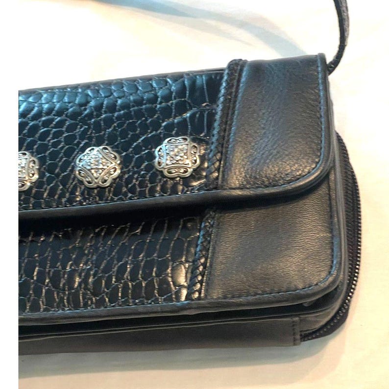 Vintage Brighton Black & Medallion Croc Leather Wallet Shoulder Crossbody Bag image 3