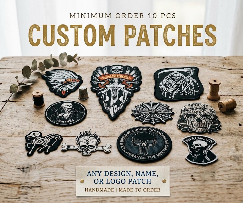 Może przedstawiać: Kolekcja czarno-białych haftowanych naszywek z r&oacute;żnymi wzorami czaszek, szkielet&oacute;w i motywami gotyckimi. Tekst głosi CUSTOM PATCHES, MINIMUM ORDER 10 PCS oraz ANY DESIGN, NAME, OR LOGO PATCH. Naszywki są ułożone na drewnianej powierzchni.