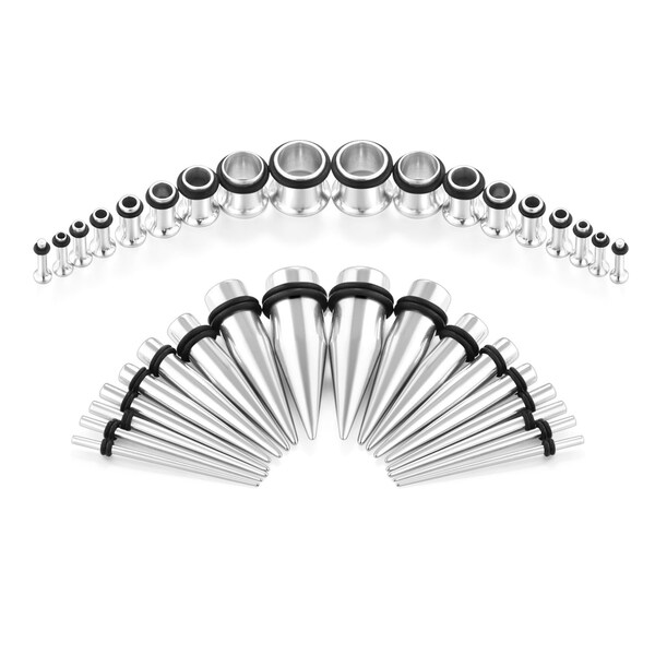 D.Bella 14G-00G 36 pcs Silver Ear Gauges Stretching Kit Tapers Plugs Eyelets Implant Grade Steel