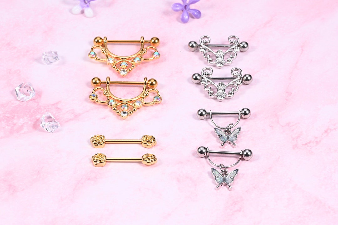 2 Pairs 14G Nipple Bars Butterfly Rose Piercing Jewelry Surgical