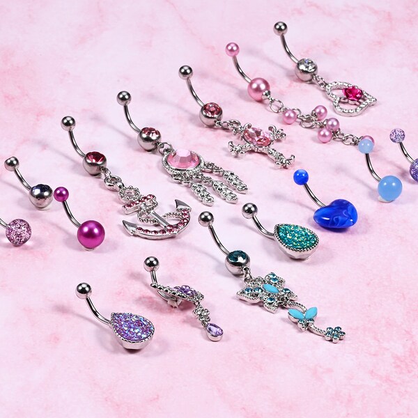 5PCS 14G Surgical Steel CZ Belly Button Bars Dangle Navel Ring Curved Body Piercing Jewelry Barbells for Women Girls Pink/Blue/Purple