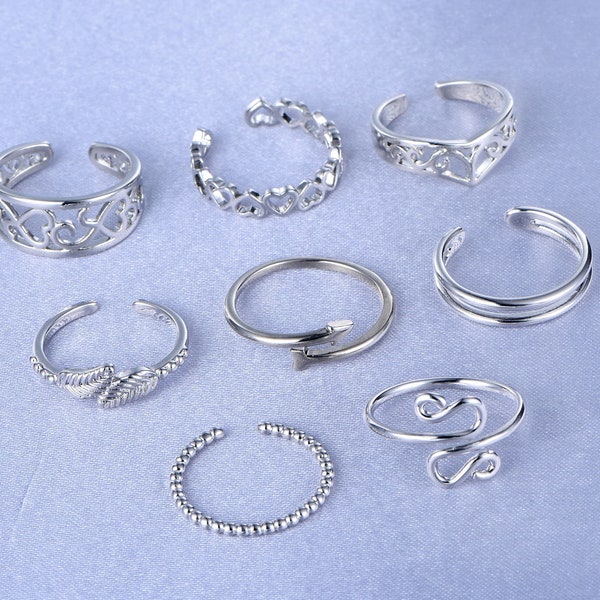 8-teiliges Zehenring-Set für Damen, offener Schwanzring, Herz-Pfeil-Blätter-Band, Vintage-Zehenring-Set, verstellbarer Sommer-Strand-Schmuck