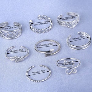 8 Pcs Toe Rings for Women Open Tail Ring Heart Arrow Leaves Band Vintage Toe Ring Set Adjustable Summer Beach Jewelry image 2