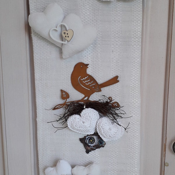Shabby Rosen Romantik Wandbehang mit Vogel aus alten Bauernleinen Upcycling