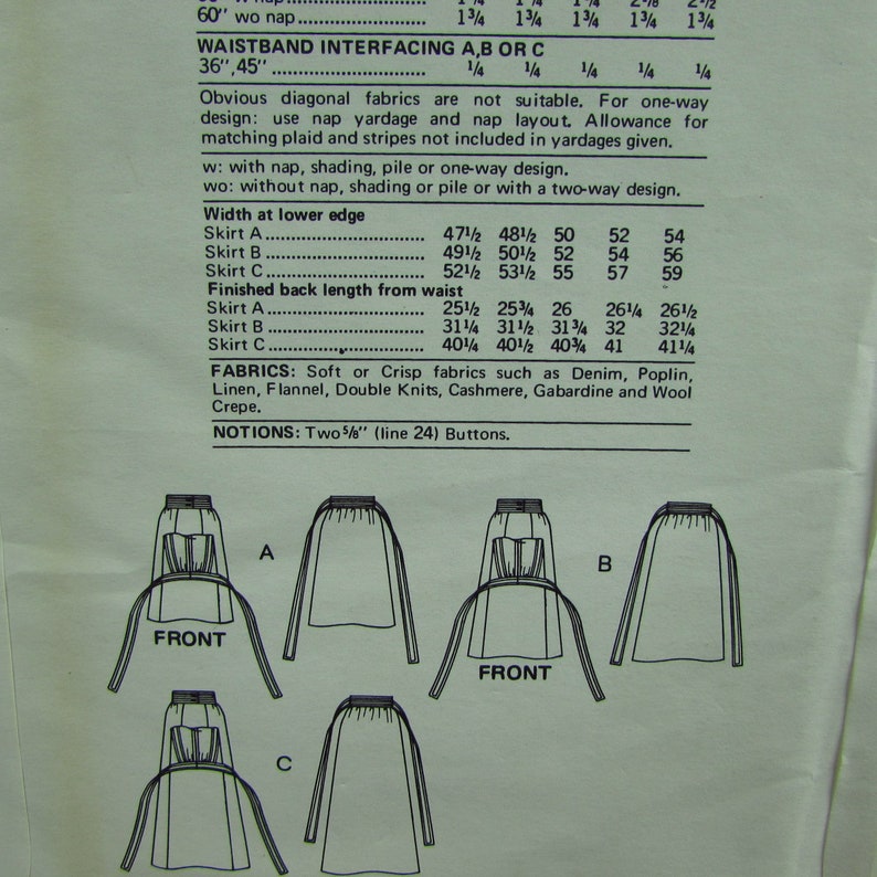 Vintage Vogue 1970s Skirt Size 26 12 Evening Length Mid Calf Below The Knee Gathered Waist With Wrap And Tie Welt Pockets