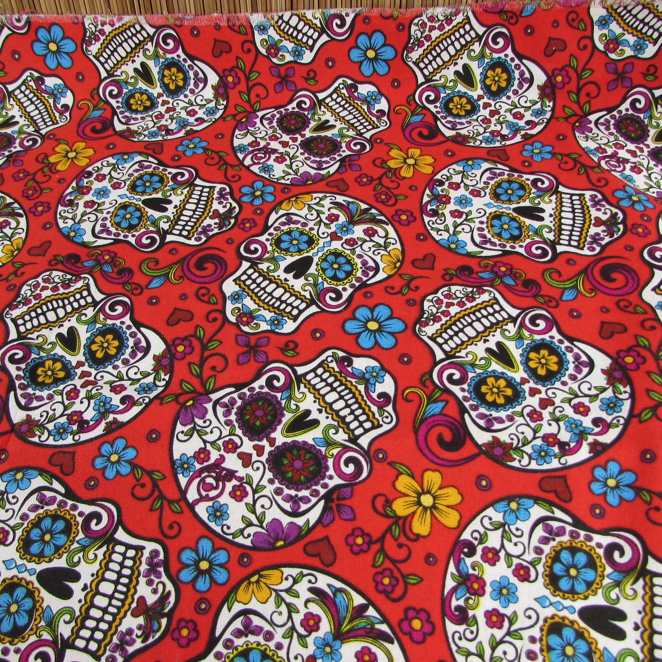 Red Sugar Skull and Flowers Fabric David Textiles 43 X 34 Day of the ...