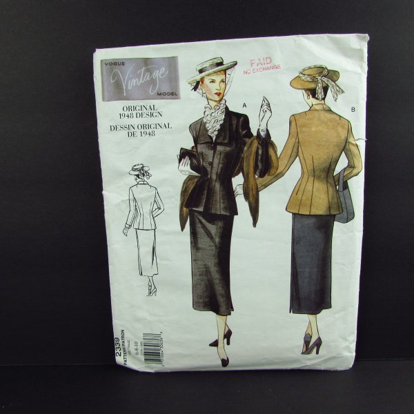 Vogue Vintage Model 2339 Skirt Suit Sewing Pattern Original 1948 Design Size 6 8 10