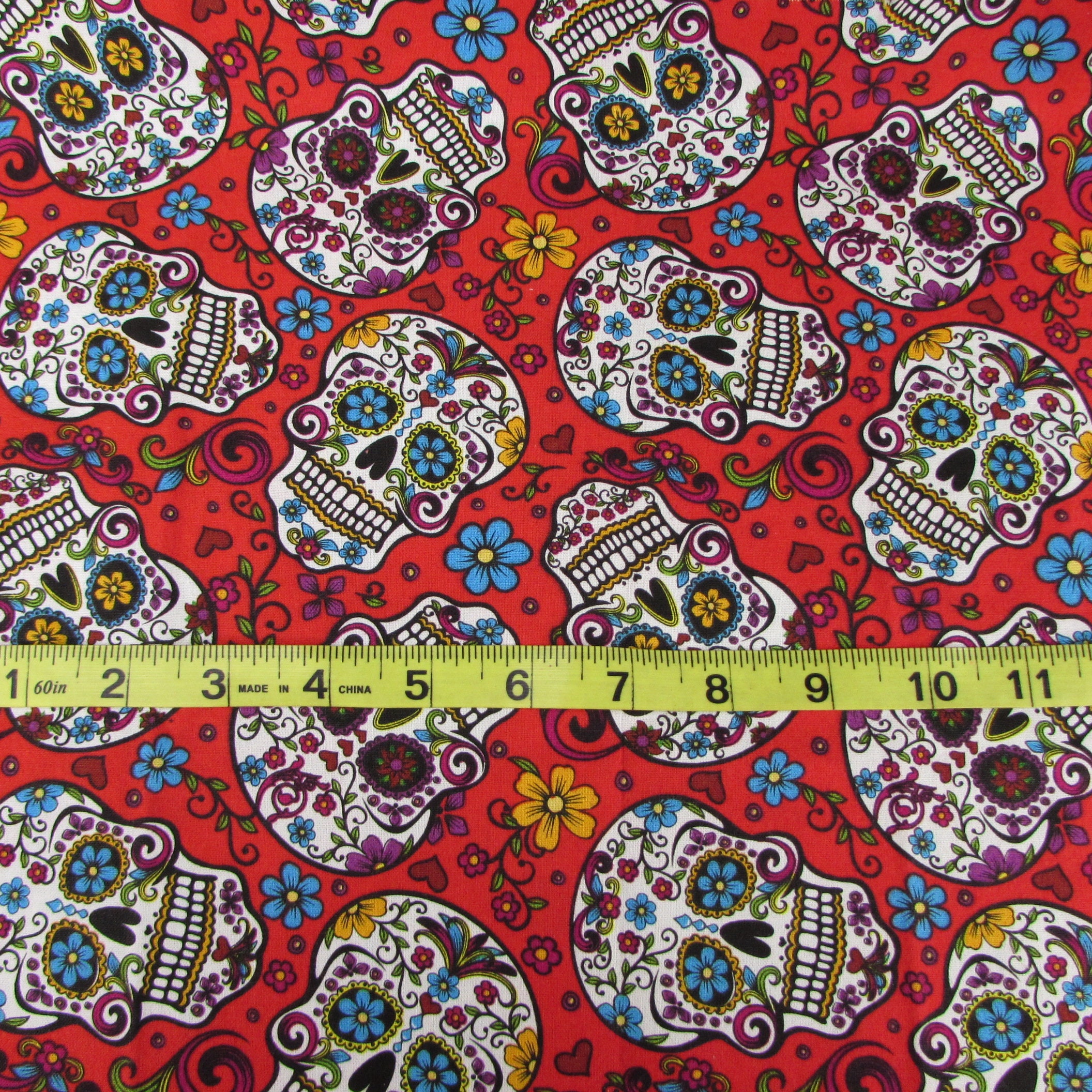 Red Sugar Skull and Flowers Fabric David Textiles 43 X 34 Day of the ...