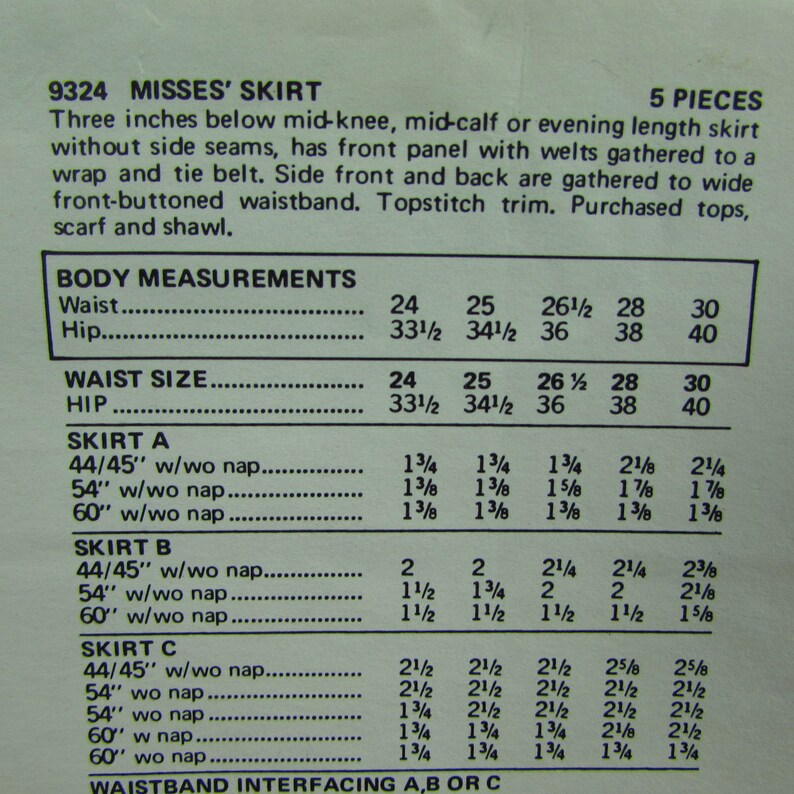 Vintage Vogue 1970s Skirt Size 26 12 Evening Length Mid Calf Below The Knee Gathered Waist With Wrap And Tie Welt Pockets