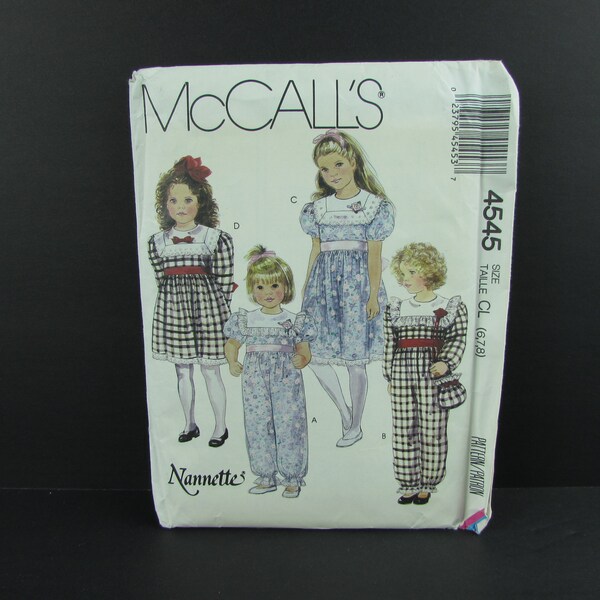 Girls 6 7 8 Easter Dress Jumper Contrast Collar Puff Sleeves Drawstring Bag Nannette McCalls 4545 Vintage Uncut Sewing Pattern
