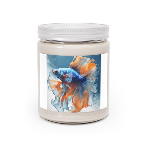 Beta Bliss II Scented Candle, original beta fish fluid art printed on high quality home decor. Great as a gift for beta fish lovers.