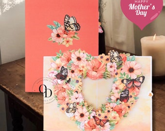 Heart Floral Box 3D Pop-up, 3D Petunia Flowers Card - Pop Up Floral Thank You Card - Birthday Card - Good Luck Card