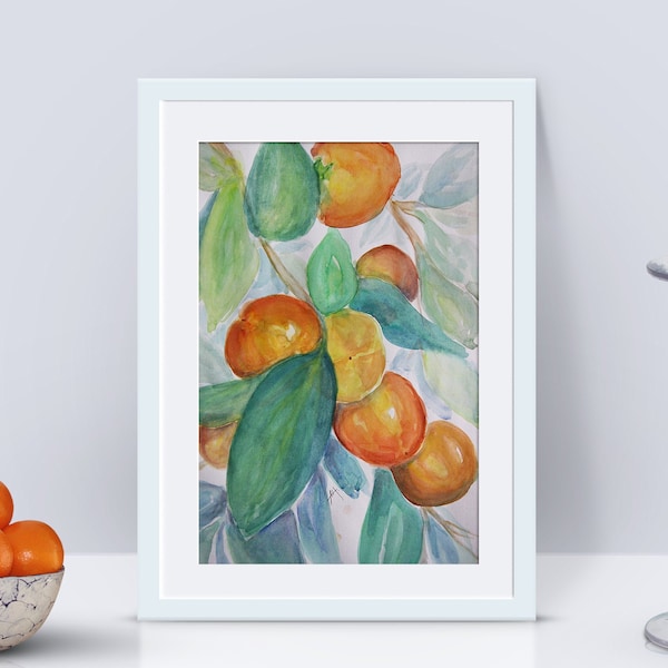 Ripe Persimmons Print. Ripe Persimmons Painting. Kitchen Wall Art. Paradise Apple Tree Print of Original Watercolor. Garden Art. Fruit Print
