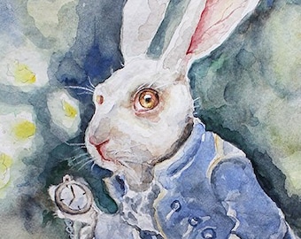 White Rabbit Print of Original Painting. Alice in Wonderland Printable Wall Art. Fairy tales home decor. Watercolor Easter Gif Animal Poster