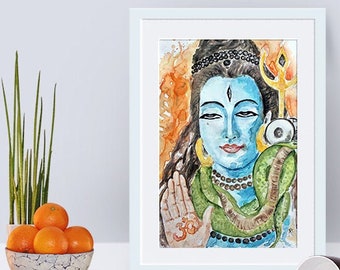 Shiva Print of Original Watercolor. Lord Shiva. Poster Spiritual Art. Shiva Hindu Indian God. Shivaratri. Yoga Watercolour Print. Wall Decor